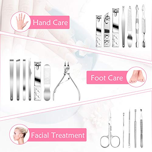 Teamkio 18pcs Manicure Set Pedicure Nail Clippers Set Travel Hygiene Kit Stainless Steel Professional Cutter Care Set Scissor Tweezer Knife Ear Pick Tools Grooming Kits with Leather Case