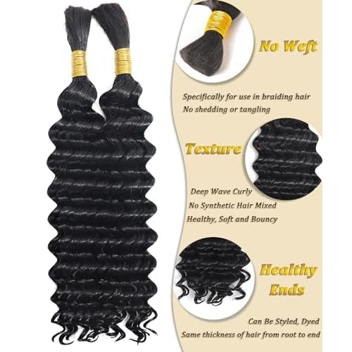 Bulk Human Hair for Braiding - 12A Curly Human Hair Bundles for Black Women - 24 inch, Deep Wave, No Weft, Boho Braids - 100% Unprocessed Brazilian Virgin Human Hair Extensions - Beauty Youth