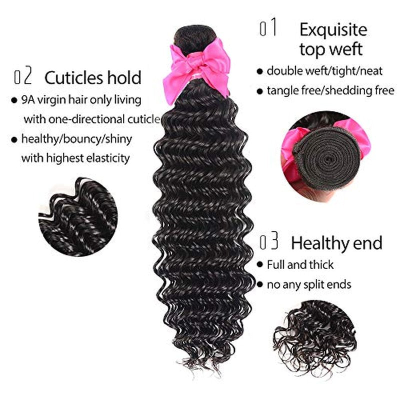 Aatifa 9A Brazilian Deep Wave 3 Bundles Human Hair with 4X4 Free Part Lace Closure Unprocessed Virgin Deep Wave Bundles Hair Natural Color, lace closure, (24/26/28+20 Inch)