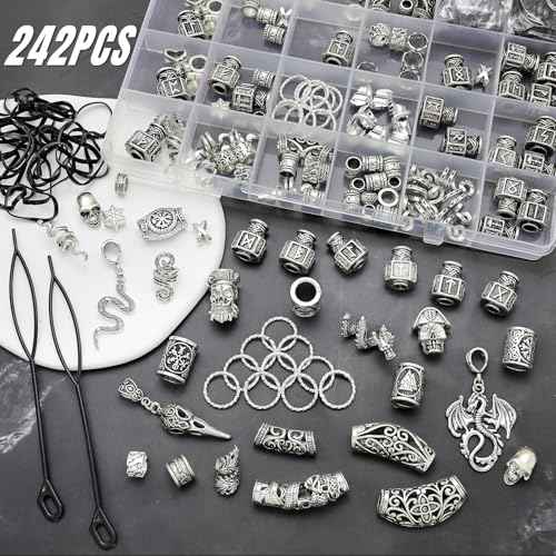 Fscwlmon 242PCS Vikings Hair Clips Jewelry for Women Men Norse Runes Tube Beads Loc Accessories Metal Braids Clip Cuffs for Dreadlock Viking Beard Hair Beads Bracelet Necklace DIY Pirate Decor Silvery