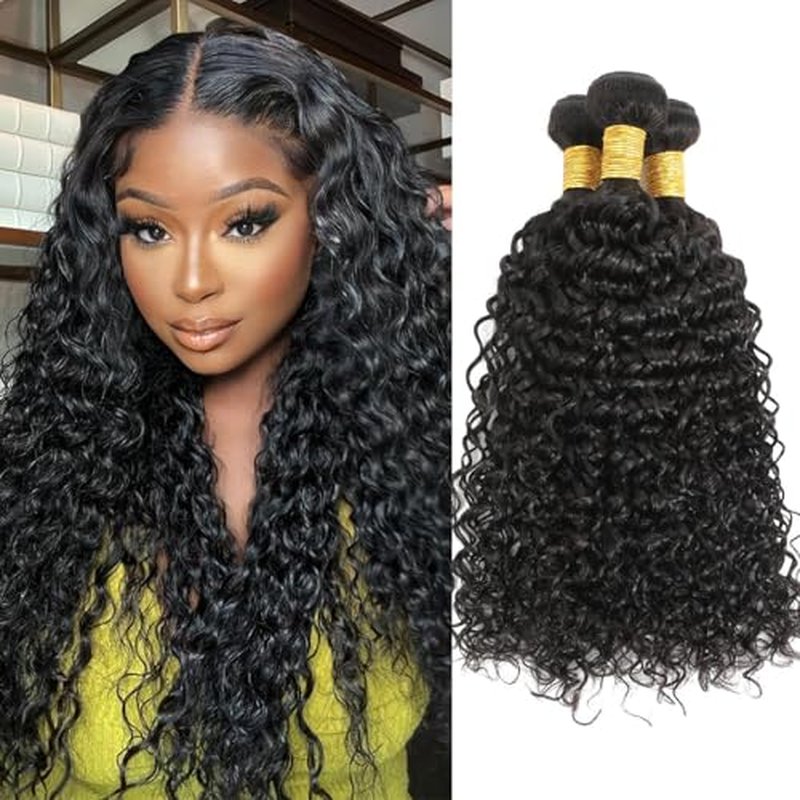 Water Wave Human Hair Bundles Curly Bundles, Natural Black Wet And Wavy Sew In Weave, Soft & Shed-free 12A 100% Brazilian Virgin Remy Hair 3 Bundles 14 16 18 Inch
