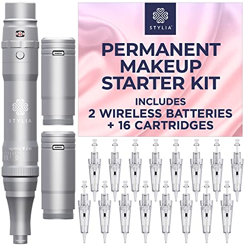 Stylia Permanent Makeup Machine Set ? Wireless Machine Kit with 2 Rechargeable Lithium Batteries, Power Adaptor and 16 PMU Cartridges ? Microblading Pen, Low-Noise, High-Speed Motor (SILVER)