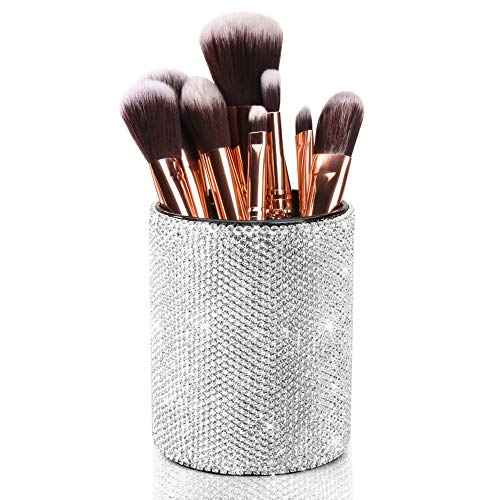 OTOSTAR Bling Crystal Makeup Brush Holder Organizer Storage Cosmetic Tools Eyebrow Pencil Eyeliners, Multifunctional Handcrafted Rhinestones Pen Holder for Home Office (Silver)
