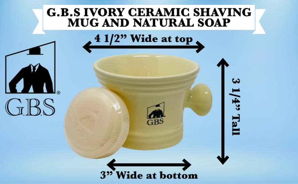 G.B.S Heavy Duty Ceramic Ivory Shaving Mug with Knob Handle and Natural Soap