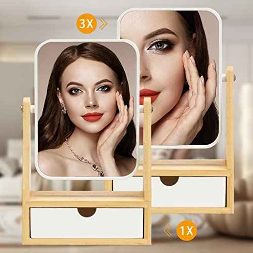 YEAKE Vanity Double Sided Magnifying Makeup Mirror with Storage, Adjustable Natural Bamboo Stand, Portable Desk/Table Mirror, Rectangular