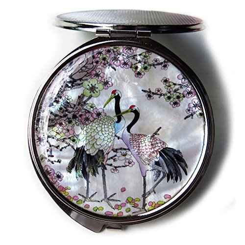 MADDesign Mother of Pearl Compact Mirror Round Double Sided Folding Magnify Crane Apricot Tree Design