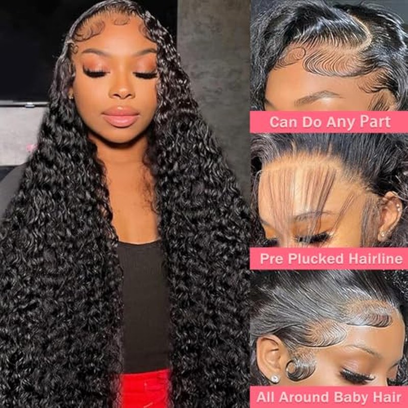 Water Wave HD Lace Front Wigs Human Hair 10A Deep Curly 13x4 Transparent Lace Frontal Wigs Pre Plucked Wet And Wavy Glueless Wigs Human Hair for Women 180% Density (24Inch, Natural Color)