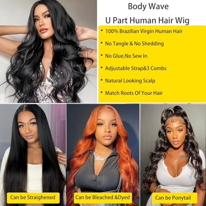 U Part Human Hair Wig Body Wave Brazilian Virgin Hair Glueless Wigs Human Hair 180% density U Part Wig for Black Women Clip In U Part Wig Human Hair Upart half wig Natural Black Color 22 inch