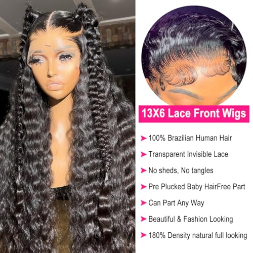 13x6 Lace Front Wigs Human Hair Pre Plucked 180% Density 28 Inch Transparent HD Deep Wave Lace Front Wigs Human Hair for Black Women Curly Wigs Natural Black