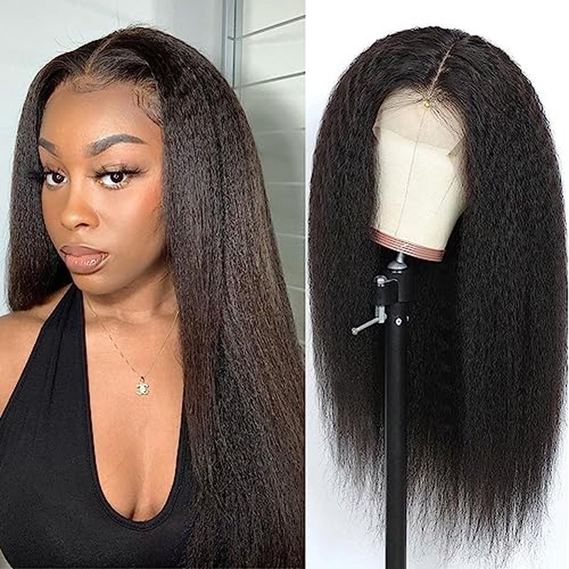 Kinky Straight Wig 16 Inch 180% Density Yaki Straight Human Hair Wig With Pre-Plucked Hairline & Adjustable Straps,Natural Black 13x4 Lace Front Wigs Human Hair For Black Women