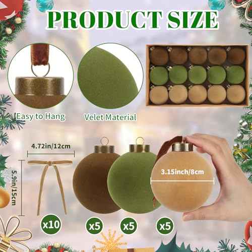 IPOPU 15PCS 3.15" Velvet Christmas Balls with 10PCS Velvet Bows Christmas Tree Ornaments Set Flocked Christmas Balls for Xmas Decorative Hanging Ornaments(Brown, Green, Khaki)