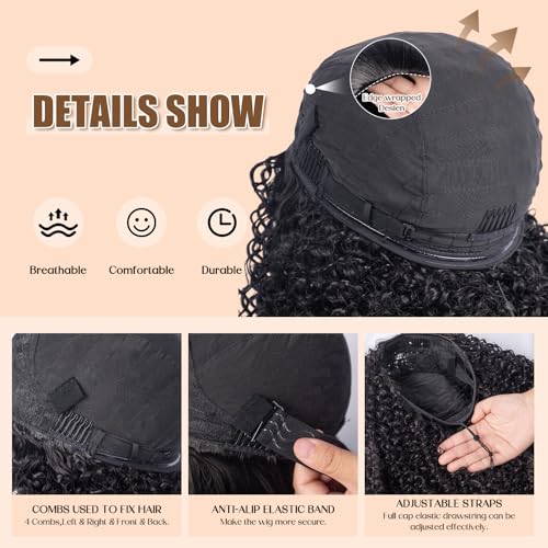 3 in 1 Half Wig Synthetic Hair, Seamless Flip Over Half Wigs Glueless Wear and Go Beginner Friendly Clip In Hair Drawstring Headband Wig for Women 1B, 16-26inch, Kinky Curly (26 inch)