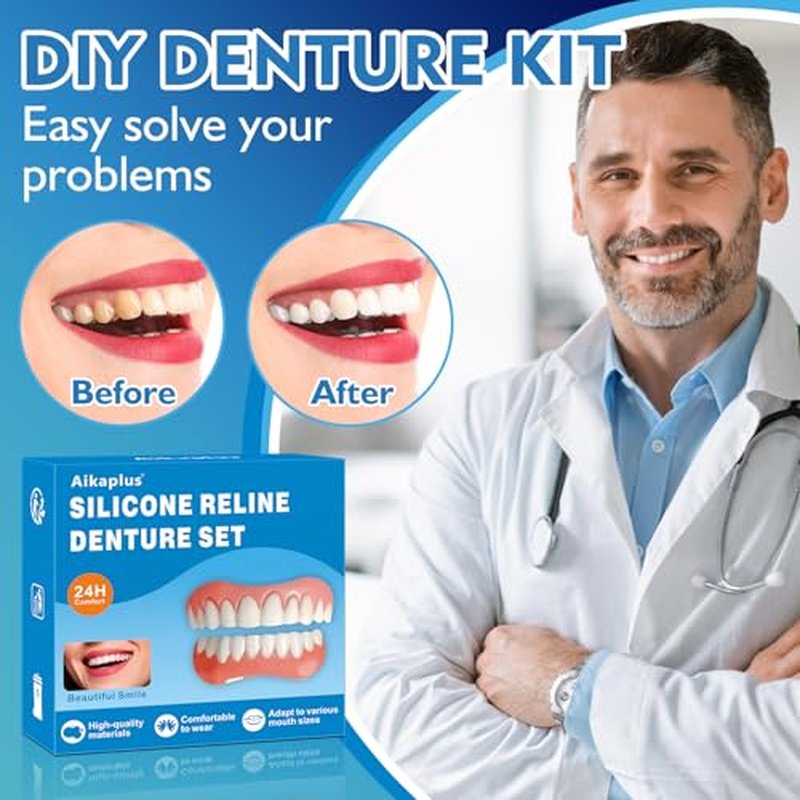 Moldable False Teeth - Veneers Teeth for Women & Men, Silicone Dentures Set for Both Upper and Lower, Temporary Dentures DIY at Home Within Minutes Fix Your Smile 1Pack