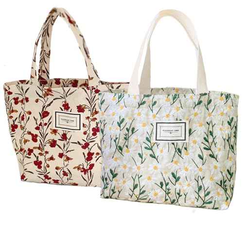 2PCS Small Tote Bag for Women Mini Canvas Embroidered Daisy Book Tote Bag Cute Corduroy Aesthetic Floral Reusable Bags for Grocery, Essentials, Water Bottle, Keys, Book, Bible