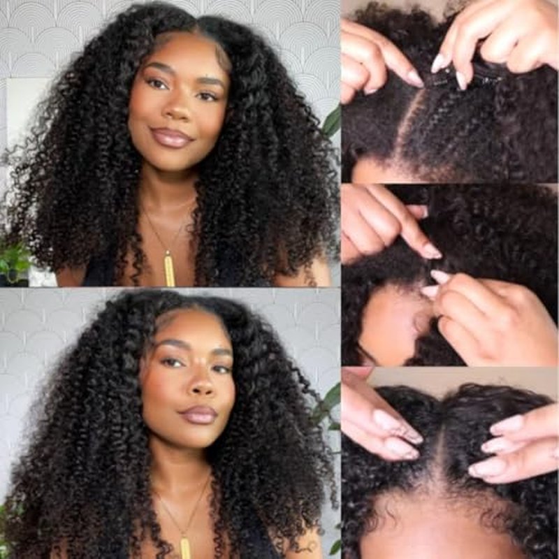 18 Inch V Part Wig Human Hair Curly,V Part KinkyCurly Wig for Women,Glueless Elastic Drawstring No Leave Out No Sew in Upgrade U Part Full Head Clip in Natural Black 12A Human Hair 200% Density