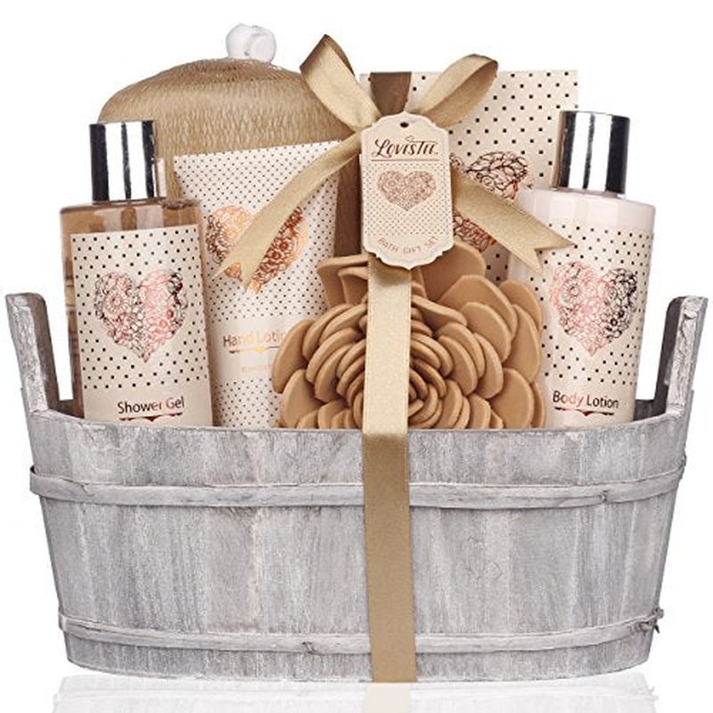 Spa Gift Basket ? Bath and Body Set with Vanilla Fragrance by Lovestee - Gift Basket Includes Shower Gel, Body Lotion, Hand Lotion, Bath Salt, Eva Sponge and a Bath Puff
