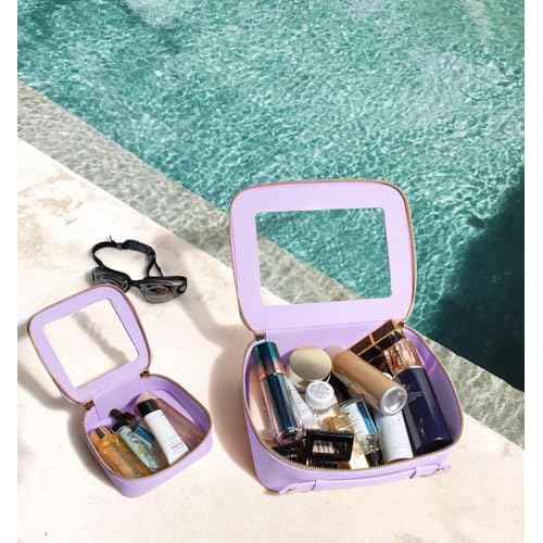 Clear Makeup Bags TSA Approved Toiletry Bag with Handle Large Opening, Clear Toiletry Bags for Carry-on Traveling Travel Car Essentials Orangizer Storage, Leather Cosmetic Bag (Purple, Mini&Large)