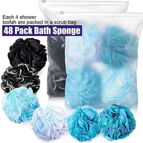 Shellwei 48 Pack Bath Sponge Shower Loofahs Bulk Pack 50g Soft Net Body Scrubber Shower Pouf Sponge Ball Body Mesh Pouf Exfoliating Bath Scrunchies for Men and Women