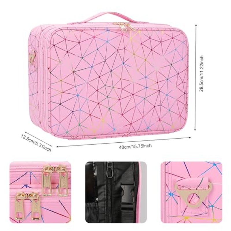 MONSTINA Professional Makeup Case Bag|3 Layers Large Capacity Cosmetic Organizer Brush Bag,Barber Train Case Makeup Artist Box,PU Leather Stylish Geometric Reflection Patterns Pink