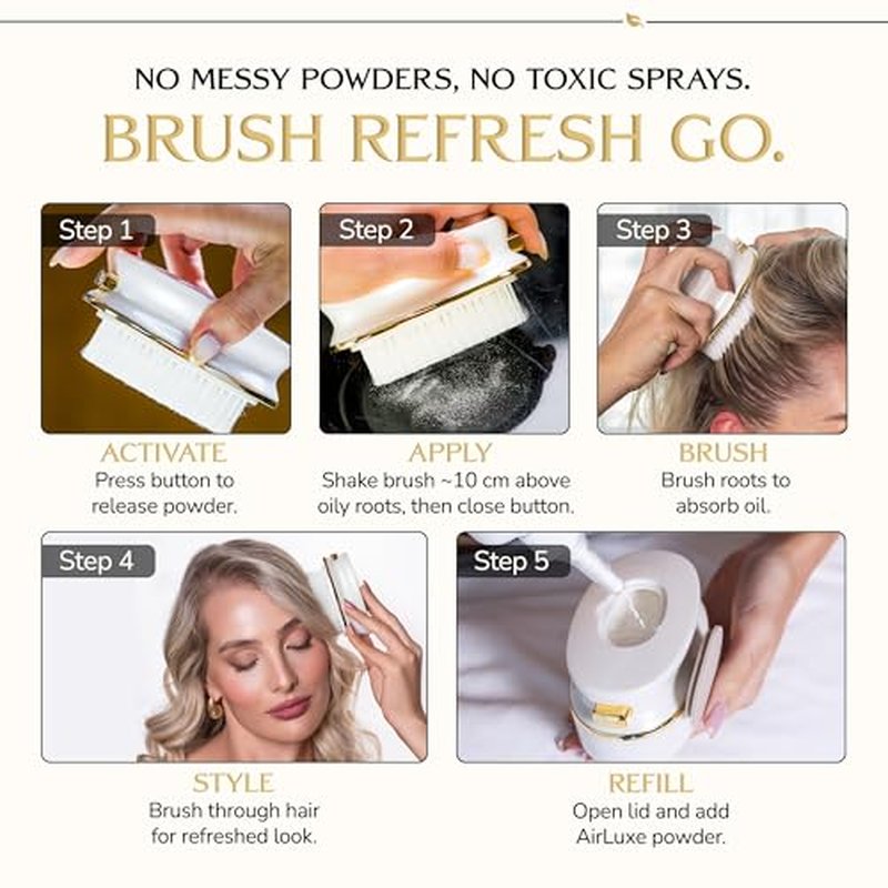 DARCASE Premium Dry Shampoo Brush - Non Aerosol Dry Shampoo for Women - Refillable Travel Size Powdered Shampoo Brush - Travel Essentials for Women - Pre-Filled 30ml Unscented Talc Free Hair Powder