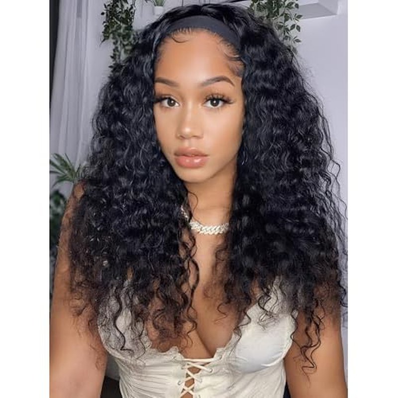 UNICE HookFit Water Wave Headband Wig Human Hair with Drawstring No-Slip Glueless Headband Half Human Hair Wig 150% Density Natural Black 16 inch