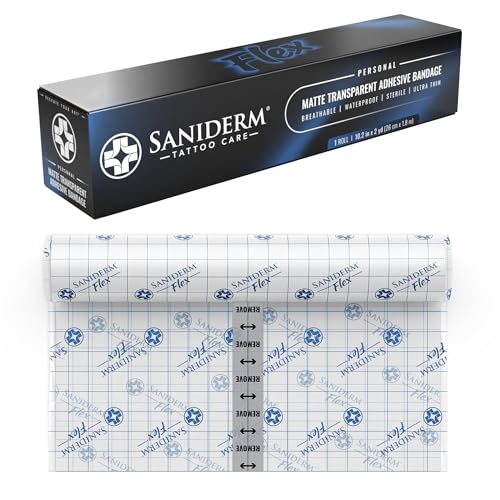 Saniderm Flex Tattoo Aftercare Bandage (New) (Personal Roll, 10.2 in x 2 yd) ? Faster Tatoo Healing and Protection ? Sterile, Waterproof, Flexible, Latex-Free, Tattoo Aftercare Wrap ? Matte Finish