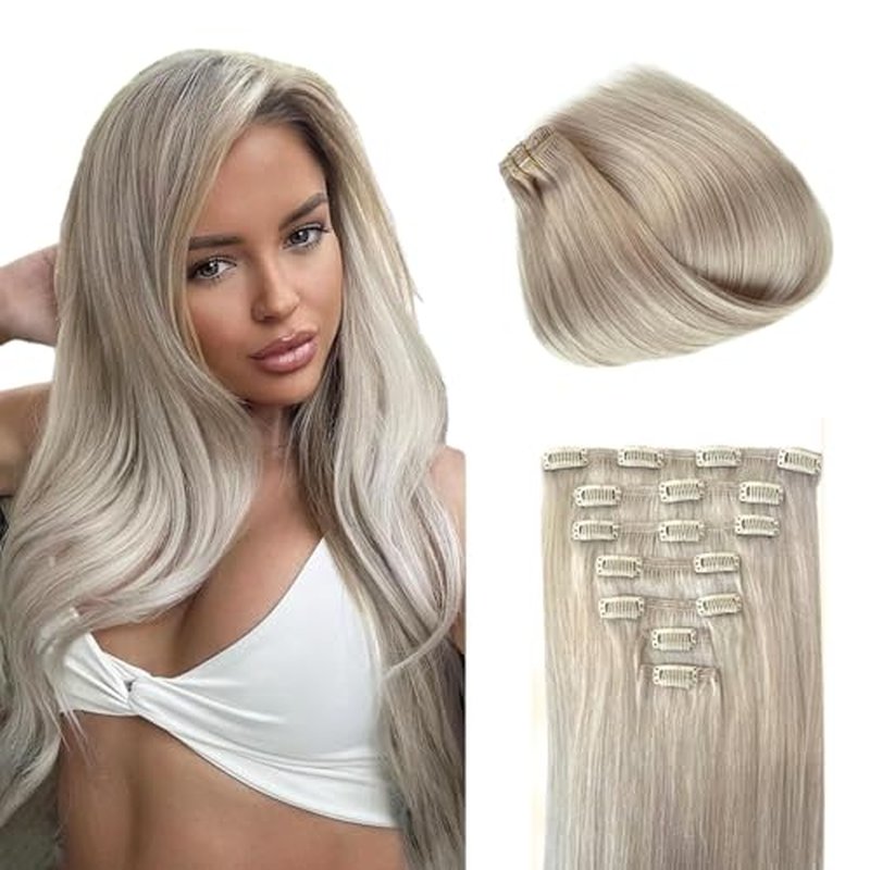 SIYUSI Clip in Hair Extensions Real Human Hair, 100% Brazilian Remy Human Hair Clip Ins, Invisible & Scalp-Friendly, Platinum Silver Color,7Pcs 4.23oz, 20 Inch