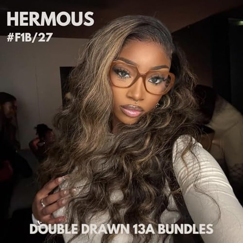13A Double Drawn Honey Blonde Highlight FB27 Bundles Body Wave Human Hair, Black With Honey Brown Highlight Human Hair 3 Bundles Unprocessed Remy Hair F1B/27 Ombre Hair Extension 10 12 14 Inch