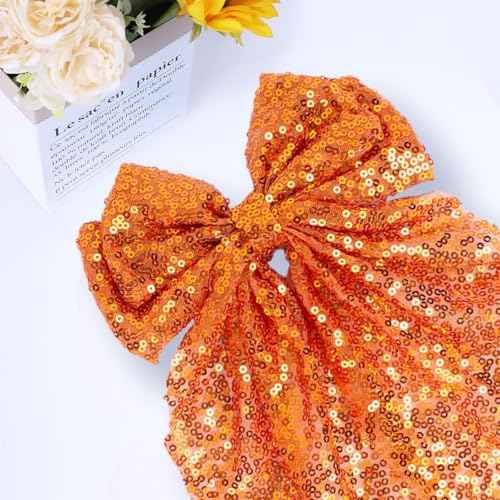 Sparkly Sequin Hair Bows for Women, Halloween Orange Hair Bows with Long Tail Large Hair Barrettes Hair Clips Bling Hair Accessories for Halloween Fall Christmas Holiday Birthday Party