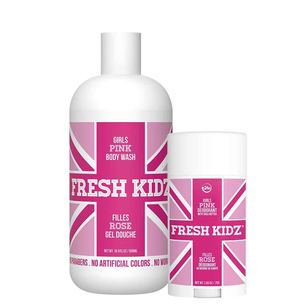 Fresh Kidz Body Wash 16.9 fl.oz. and Stick Deodorant 2.65 oz for Kids and Teens - Girls "Pink" Set