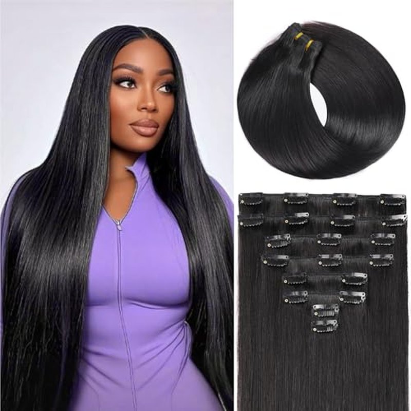 Clip in Hair Extensions Real Human Hair,100% Seamless Remy Human Hair Straight,Clip Extensions for Women, 8pcs Per Set with Double Weft,1B Natural Black,24inch 120g/4.2oz