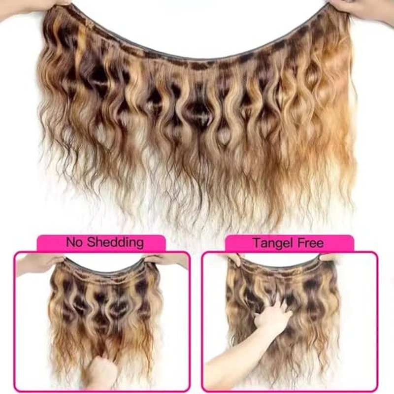 YISEA Ombre Highlight Body Wave Bundles Human Hair 12A Honey Blonde P4/27 Human Hair Body Wave 4 Bundles (18 20 22 inch) 100% Unprocessed Brazilian Virgin Hair Bouble Weft Natural Weave