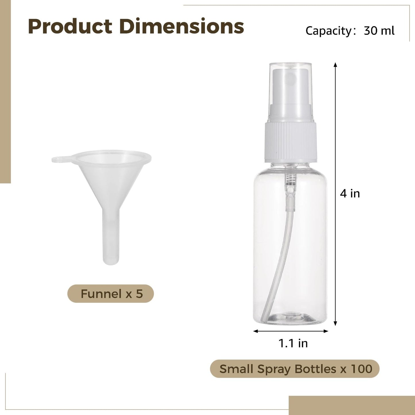 OMISTAR 100 PCS 1 oz Mini Small Spray Bottle - 30ml Transparent Plastic Travel Spray Bottles for Perfume Cosmetic, Travel Size with 5 Funnels, Convenient Refillable, Leak-proof Design