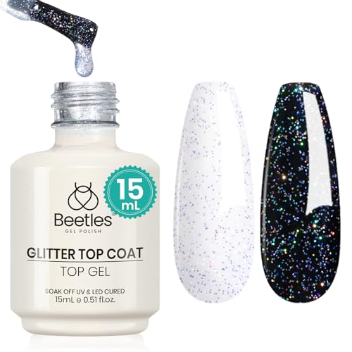 beetles Gel Polish Glitter Top coat Gel Polish 15ml Reflective Silver Mix Glitter Shiny Gel Nail Polish No Wipe Uv Gel Top Coat Nail Decoration Nail Art Sparkle Manicure DIY Home Salon