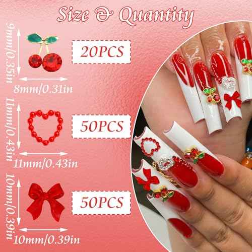 BELICEY 120Pcs Bow Nail Charms Red Acrylic Flatback Heart Nails Decoration Alloy Cherry Charms for Nails Gems and Rhinestones for Women Manicure DIY Nail Art Design Crafts