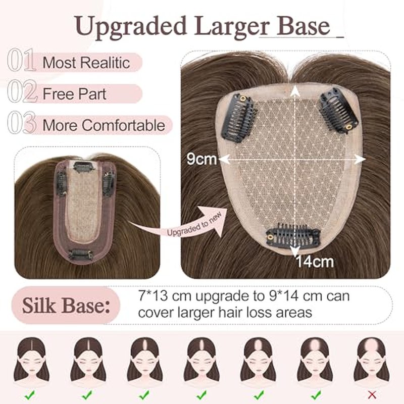 SEGO Real Human Hair Toppers for Women - Large Full Silk Base, 9 * 14 cm, Clip In Topper, 150% Density, No Bangs, 10 Inch #2Y Dark Smoky Brown