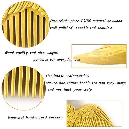 Wooden Comb For Women - Carved Craft Natural Boxwood Hair Comb - No Static Fine Tooth Wood Comb with gift box (Angel Wings)
