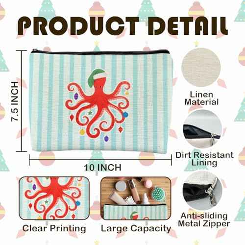Beach Christmas Octopus Makeup Bag, Octopus Gifts for Women, Coastal Beachy Christmas Cosmetic Bags for Women, Xmas Ocean Sea Animal Striped Zipper Makeup Pouch Travel Toiletry Bag