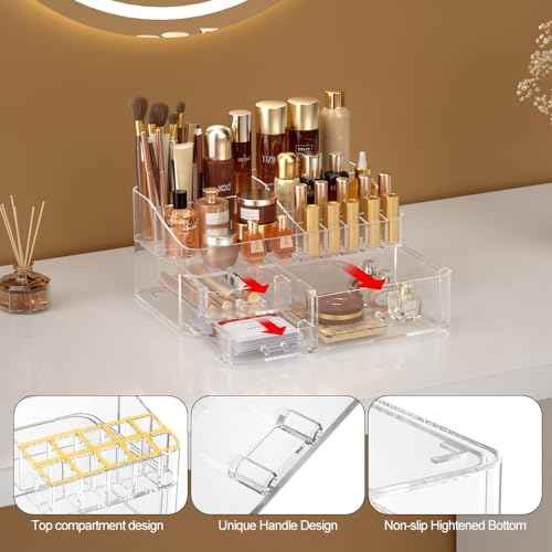 Makeup Organizer for Vanity, Acrylic Large Desk Organizer with Drawers, Ideal Vanity Holder for Cosmetics, Lipsticks, Nail Polish, Skincare, Countertop, Bathroom, Dresser
