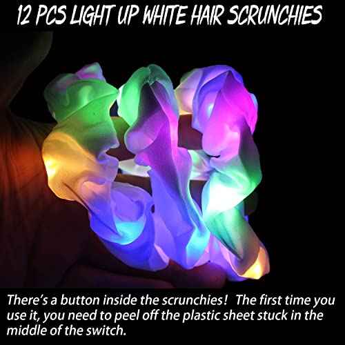 12PCS LED Hair Scrunchies Light Up White Scrunchies,Satin Ponytail Holder Glow in the Dark Hair Accessories Neon Rave Party Supplies