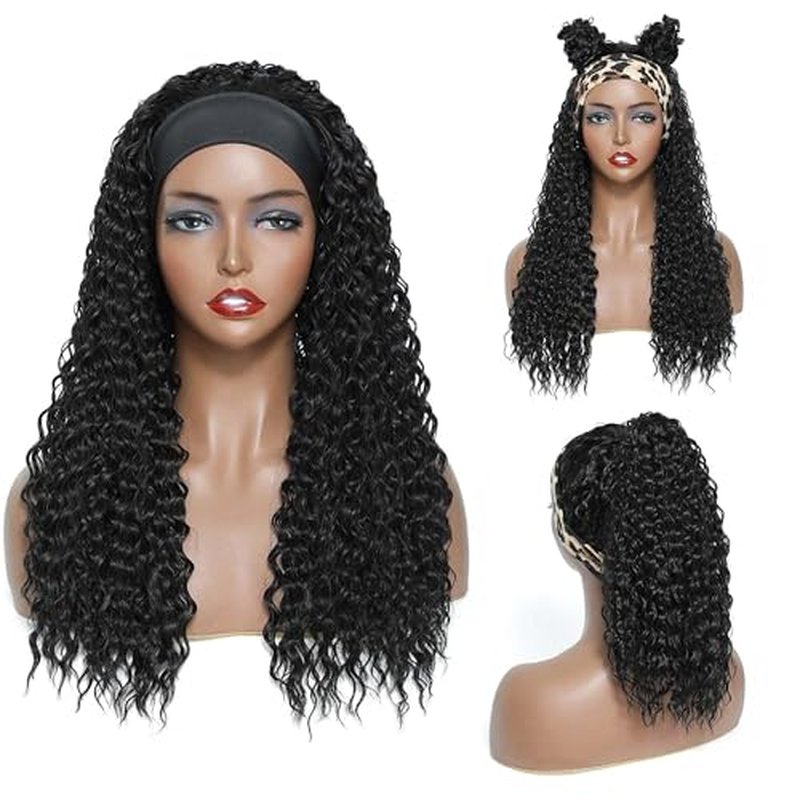 Deep Wave Headband Wig Human Hair 24 Inch Curly Headband Wigs for Black Women Human Hair Glueless None Lace Front Wigs Brazilian Virgin Hair Wig Machine Made 150% Density Natural Black Color