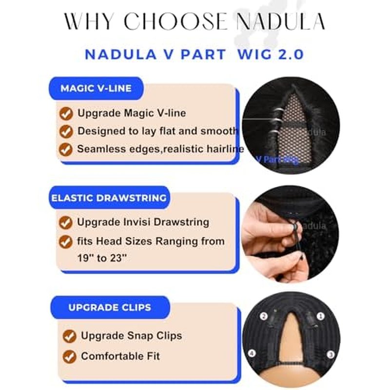 Nadula Yaki Wavy V Part Drawstring Wig Human hair with Blow Out Bangs, Glueless EasiContour Vpart Wigs No Leave Out Beginner Friendly Clip In V Shape Wigs Upgrade Wavy U Part Wig 150% Density 16inch