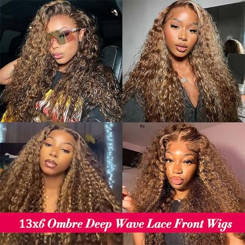 Ombre Lace Front Wig Human Hair 180% Density 4/27 Honey Blonde 13x6 Deep Wave Lace Front Wigs Wet and Wavy Curly Glueless Wigs Human Hair Pre Plucked with Baby Hair(Highlight, 24 Inch)