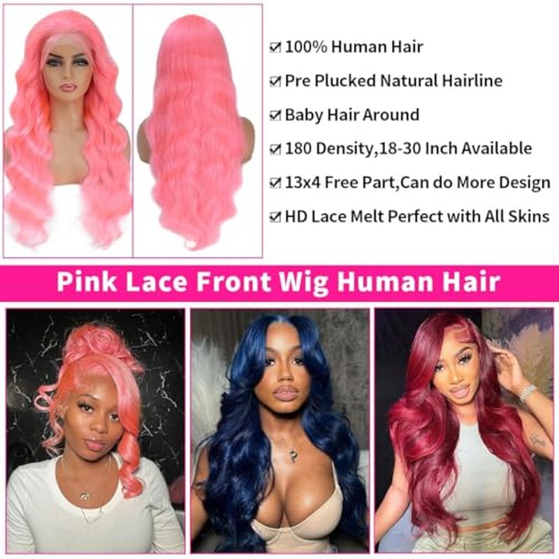 Pink Lace Front Wigs Human hair Pink Wigs Human Hair Body Curly Human Hair Wig For Women Body Wave Lace Frontal Wigs Human Hair 200% Density HD Transparent Pre Plucked