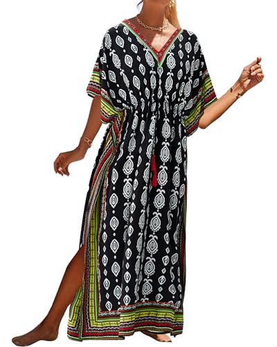 Bsubseach Kaftan Dresses for Women Plus Size Swimsuit Cover Up Long Caftan Dress with Waist Drawstring Black Green