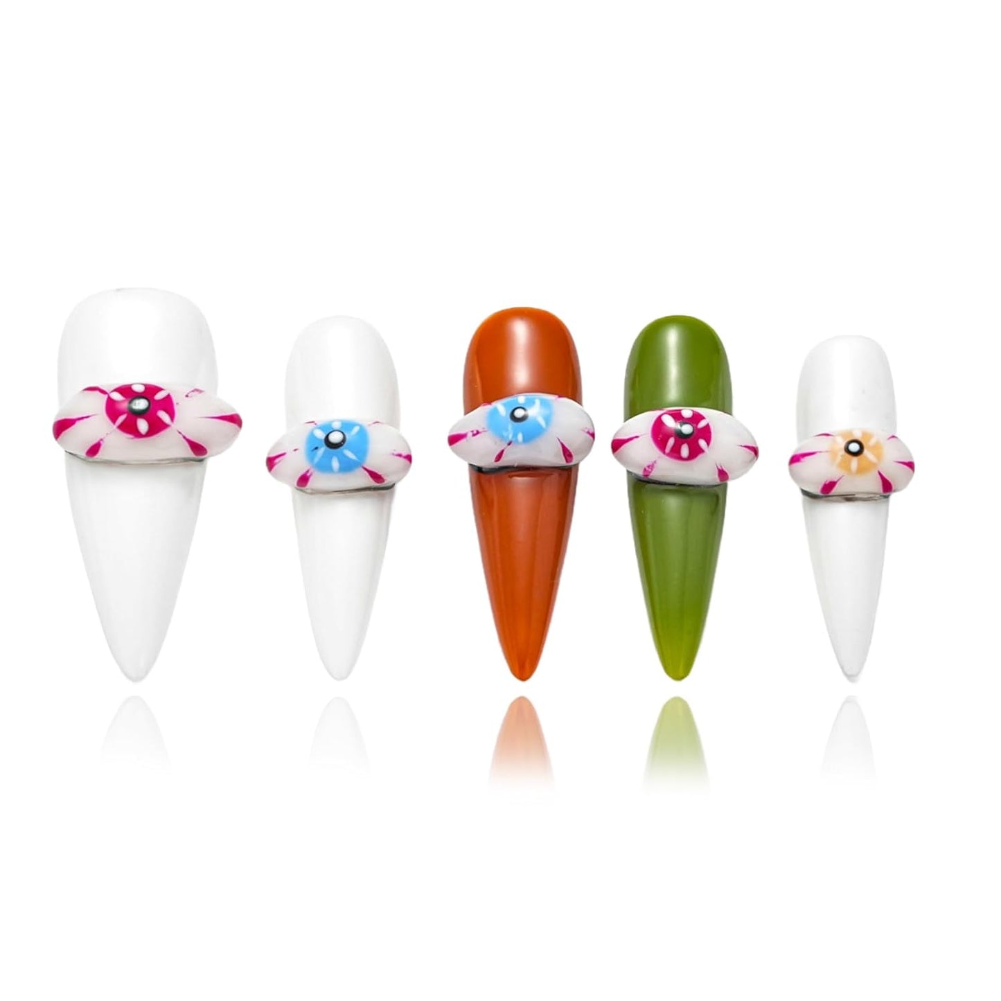 Colorful Handmade Devil Eyes Press-On Nails - Long Stiletto 3D False Nails for Women | 10 Pcs Set with Glue (White-S)