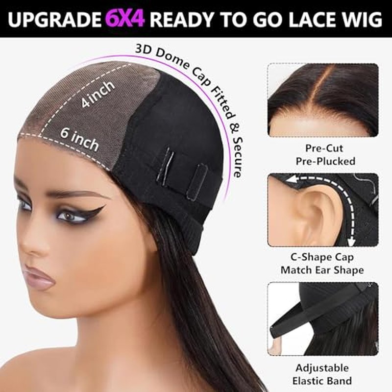 Glueless Wigs Human Hair Pre Plucked Pre Cut 6x4 Straight Lace Front Wigs Human Hair 28 Inch Hd Lace Front Closure Wigs for Women 180% Density Wear and Go Glueless Wig Ready to Wear Natural