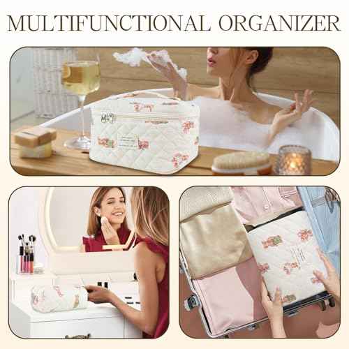 3Pcs Quilted Makeup Bag for Women, Large Travel Makeup Bag Set, Cute Aesthetic Cosmetic Bags, Floral Cotton Makeup Pouch Coquette Toiletry Organizer Bag