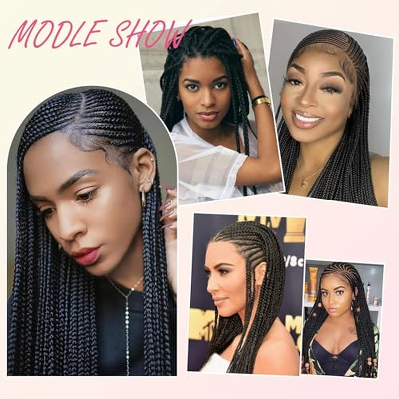 13X6 HD Lace Front Cornrow Braided Wigs for Women Knotless Braided Wigs 32" Box Braid Wig with Baby Hair Premium Synthetic Lemonade Braids Natural Looking Hair Black Braided Lace Front Wigs