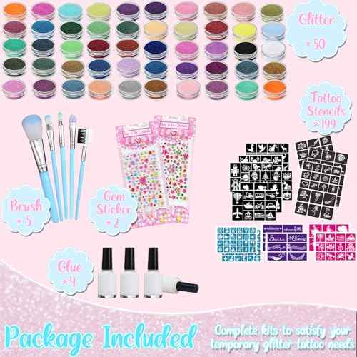 TEUVO Glitter Tattoo Kit for Kids, 50 Glitter Colors, 199 Stencils, 2 Gem Stickers, 4 Glue, 5 Brushes Body Face Arts Glitter Makeup Temporary Tattoos for Girls Halloween Christmas Birthday Party Gifts